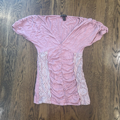 FANG Pink Ruched V-Neck Short Sleeve Lace Side Panel Top Size L
