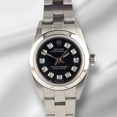 Rolex Oyster Perpetual 25mm Steel Black Diamond Smooth Oyster Watch 67180
