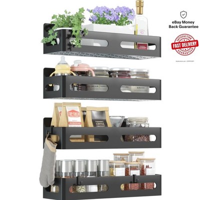 4 Pack Strong Magnetic Spice Rack - Rugged Kitchen Organizer with Hooks