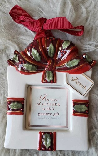 SET OF 2 HOLIDAY FATHER AND SON 2.5"X2.5" PICTURE FRAMES WITH HOLLY MOTIF...NICE - Picture 2 of 5