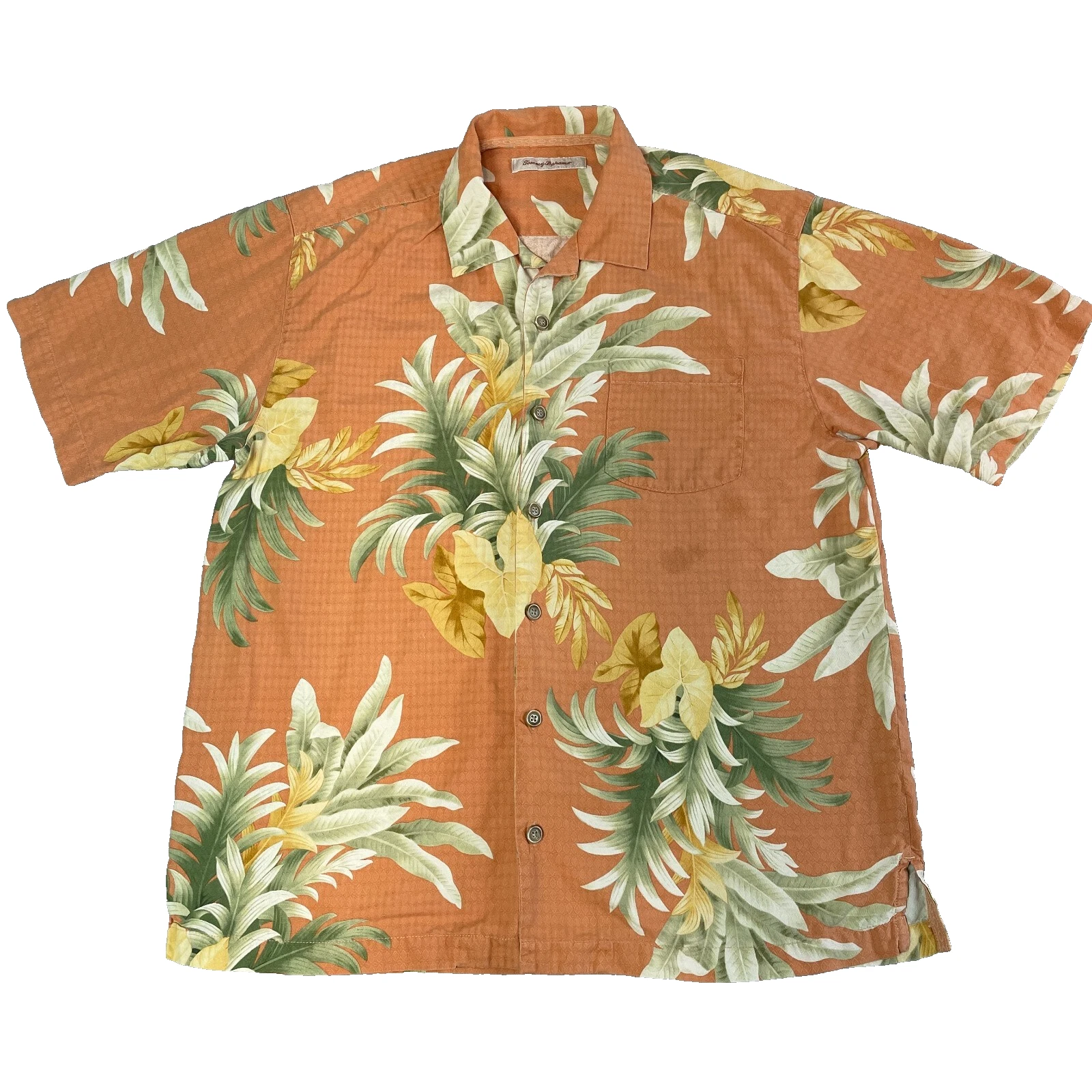 Tommy Bahama Silk Shirt Mens L Palm Tree Hawaiian Short Sleeve Button Tropical