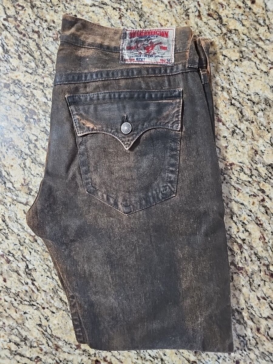 True Religion Ricky Wax Coated Jeans Men Size 36 Black Brown True Religion Ricky Wax Coated Jeans Men Size 36 Black Brown