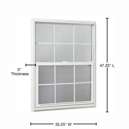Single Hung Vinyl Window Dual Pane Insulated Glass 35.25in x 47.25in with Grids - Picture 3 of 5