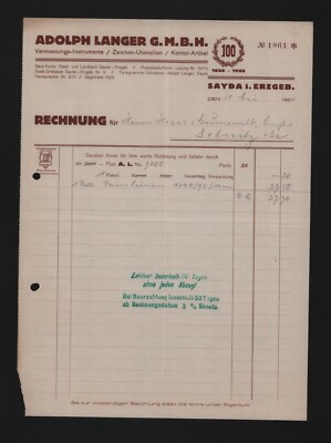 Sayda, invoice 1934, Adolph Langer GmbH surveying instruments