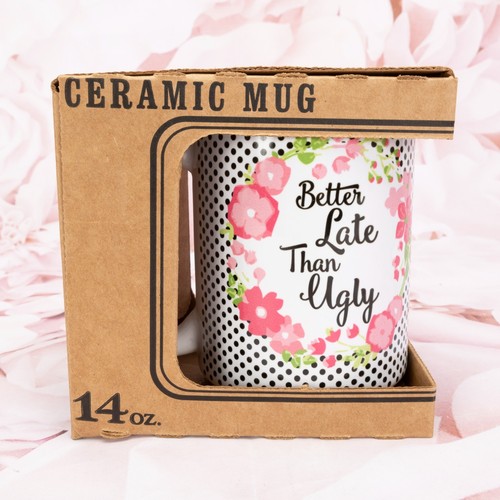 Carson Ceramic Coffee Mug Cup Large (14 Oz) White/Pink/Black W/Graphics