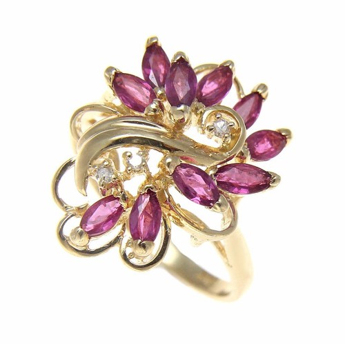 ANILLO DE CÓCTEL DE RUBÍ Y DIAMANTE DE CORTE MARQUESA GENUINO ORO AMARILLO SÓLIDO 14K - Imagen 2 de 5