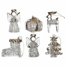 Set of 6 Assorted Glass Sequin Christmas Tree Hanging Ornaments Angel Reindeer