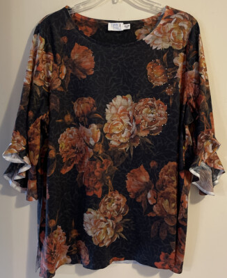 Time Tru Womens 2xl Black Floral 3/4 Bell Sleeve Blouse! A2412