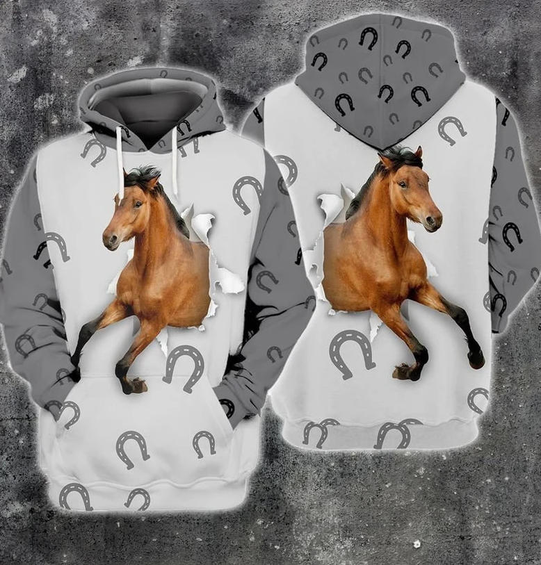 Sudadera con Capucha Marrón Caballo Sobre Blanco Y Gris, Pullover Caballo, Camisa Caballo, Regalo Animal