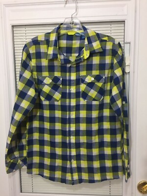 French Toast Boys Youth Plaid Long Sleeve Shirt Sz XL Blue and Yellow RN 13706