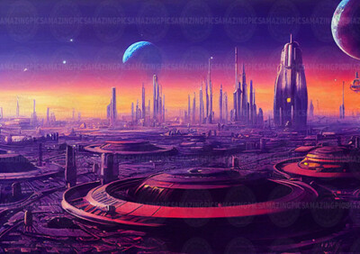 Futuristischer Sci-Fi Stadtbild Kunstdruck, Retro Space Planet Poster Cyberpunk A23