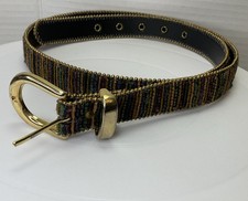 Tapestry Striped Multi Color Women  s Beaded Belt Size L Gold-Tone Buckle Boho