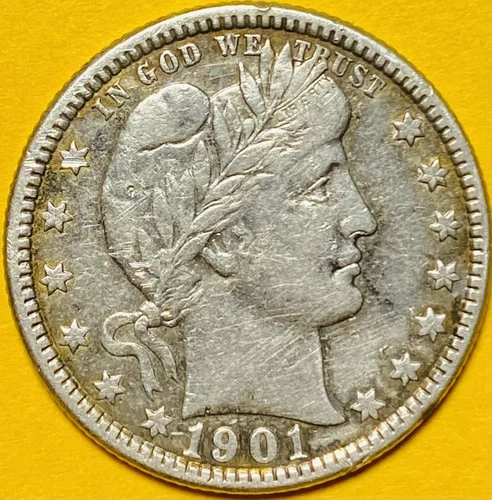 1901 U.S. BARBER SILVER QUARTER 25c COIN (XF-Extra Fine), Full "LIBERTY"