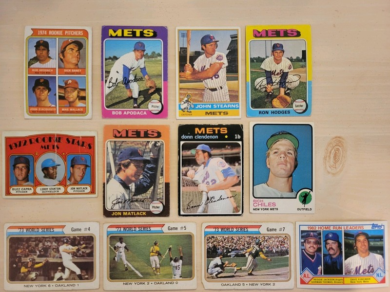 12 Card Mets Matlack,Apadaca rookie,  Stearns, Hodges, 73 World Series-fair/poor