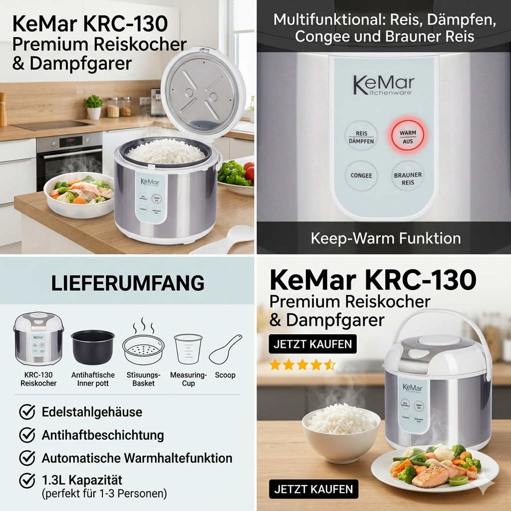 KRC-130 Reiskocher 1,8L | Dampfgarer 5-in-1 | Titan-Keramik | BPA-frei