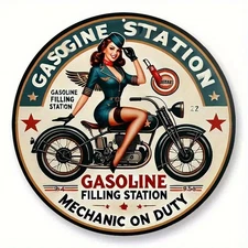 2D Flat, Vintage Motorcycle Gasoline Aluminum Wall Hanging 8X 8Inch Round Metal