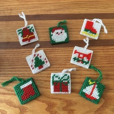 Vtg Plastic Canvas Needlepoint Christmas Ornaments LOT 8 Skate Tree Santa Boat