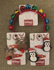 sc nci Christmas Jingle Bell Headband  Glitter Snap Hair Clips Set Lot Of 3 NEW