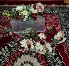 5 X Bridal & Bridesmaids Bouquet Set Burgundy Blush Artificial Wedding Flowers