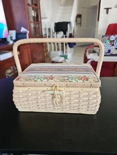 AZAR Vintage Woven Wicker Sewing Basket Box Floral Print Fabric Gold/Beige Tones