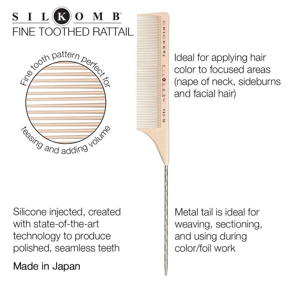 Cricket Silkomb Pro-50 Fine Tooth Rattail Comb for Hair | Precision Styling Tool - Image 3 of 3