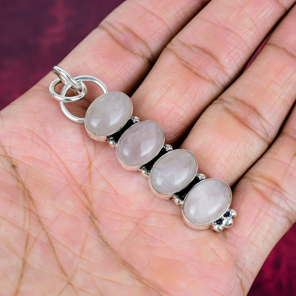 Hermoso colgante de joyería de plata de acero 925 hecho a mano con piedras preciosas de cuarzo rosa Foto 4 de 4