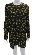 Sezane Women Shift Dress Black Floral Long Sleeve Round Neck Viscose Size 40