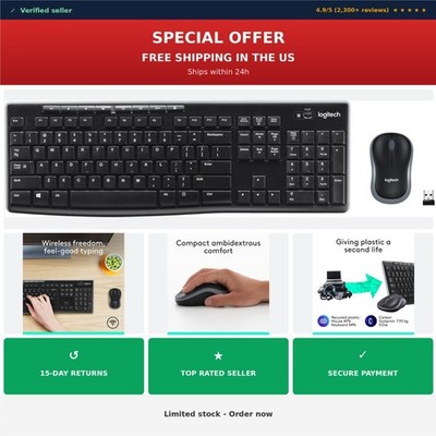 Logitech MK270 Wireless Keyboard Mouse Combo Full Size Black USB