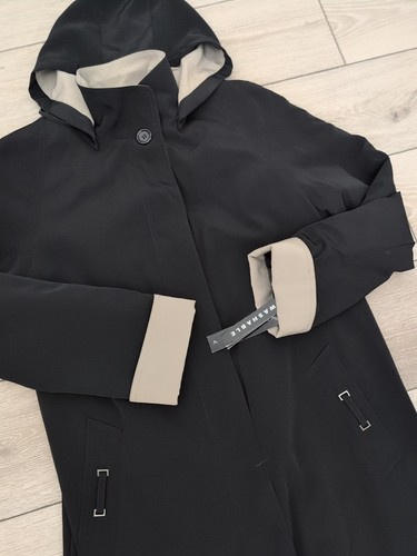 Gallery Trench Coat Women Size 4 Black Long Sleeve Button Up Hood Longline NWT