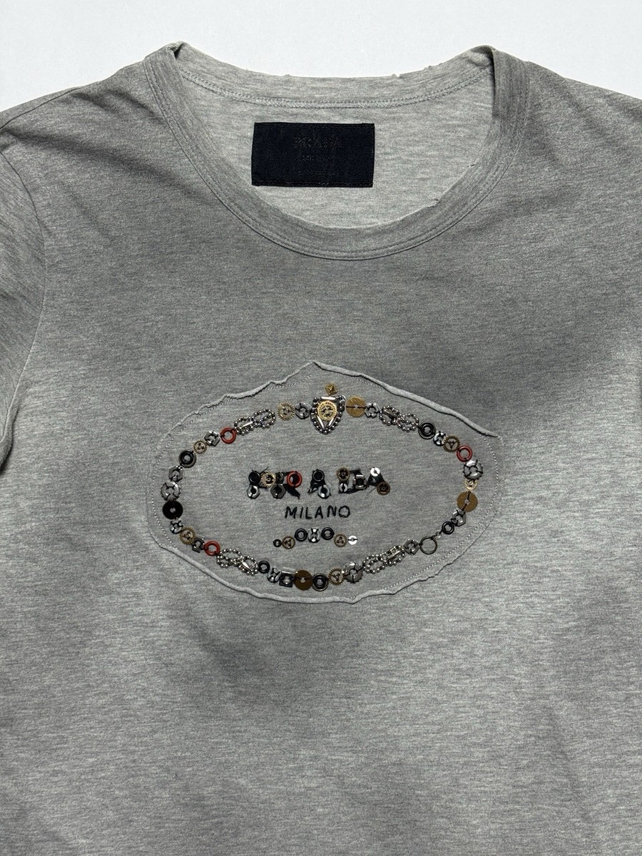 Vintage Prada Fall 2004 Faded Gray Distressed Embellished Logo