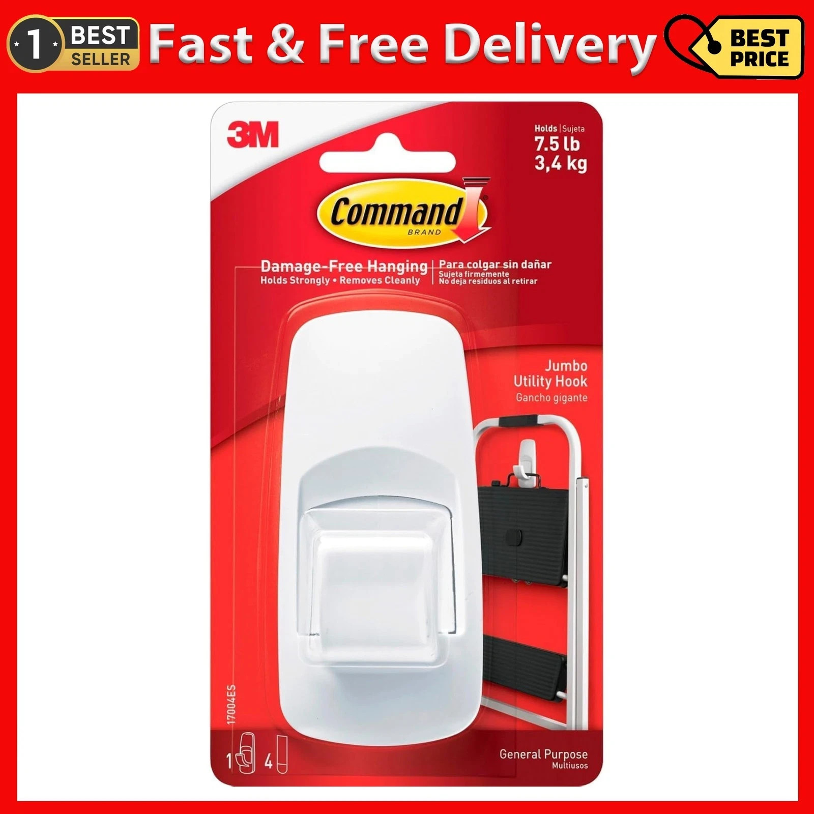 Command Jumbo Utility Hook Pack of 1 Hook and 4 Adhesive Strips White - Damage