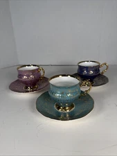 ELIZABETHAN Fine China England Set of 3 Footed Cup & Saucer Blue/Teal/Purple