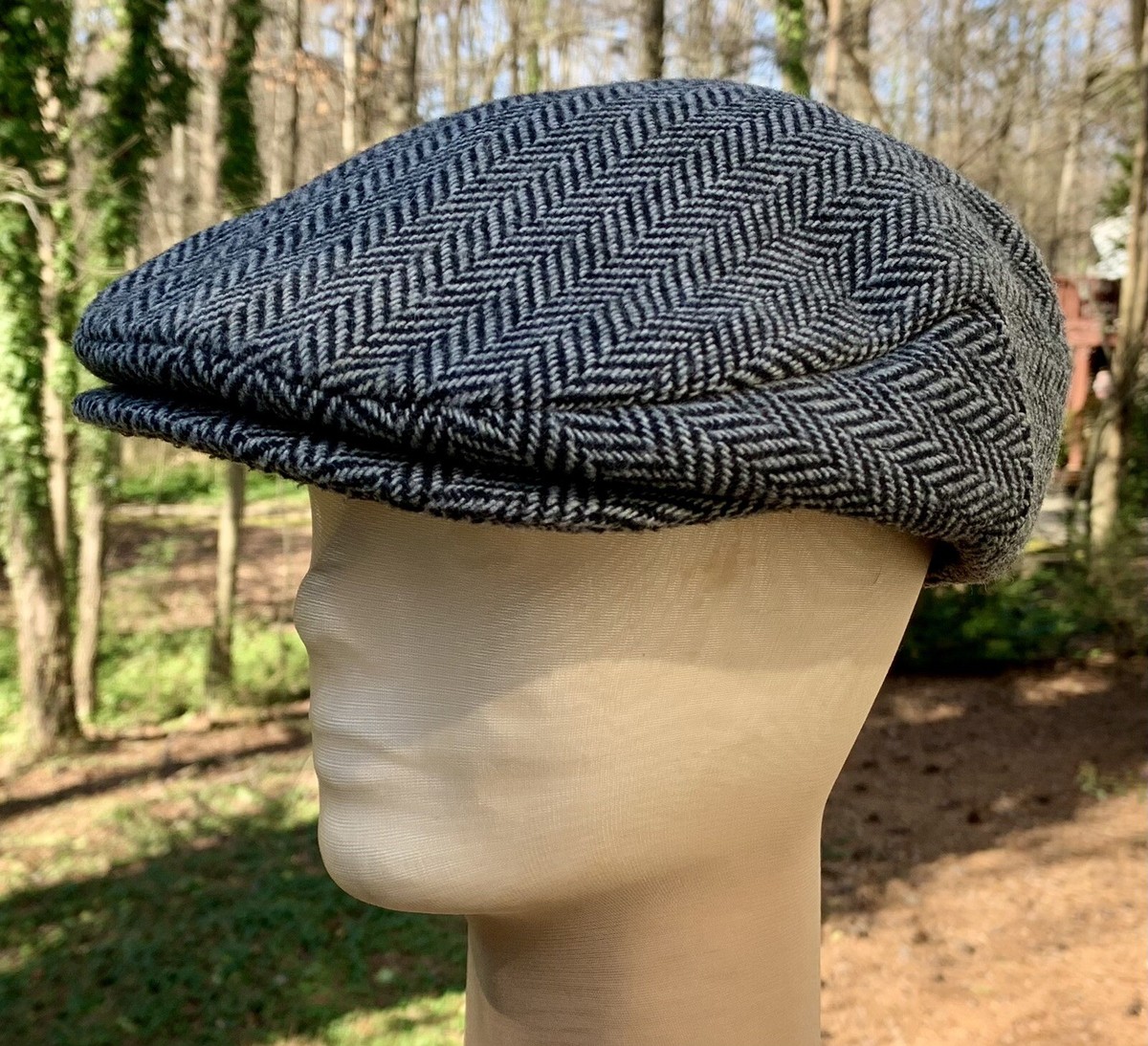 Vintage Black White TWEED HERRINGBONE English Flat Top Cap: Wool Newsboy  Hat