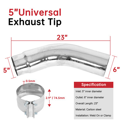 DIESEL EXHAUST CHROME TURNDOWN ELBOW TIP 5'' INLET 6'' OUTLET 23'' LONG W / Clamp