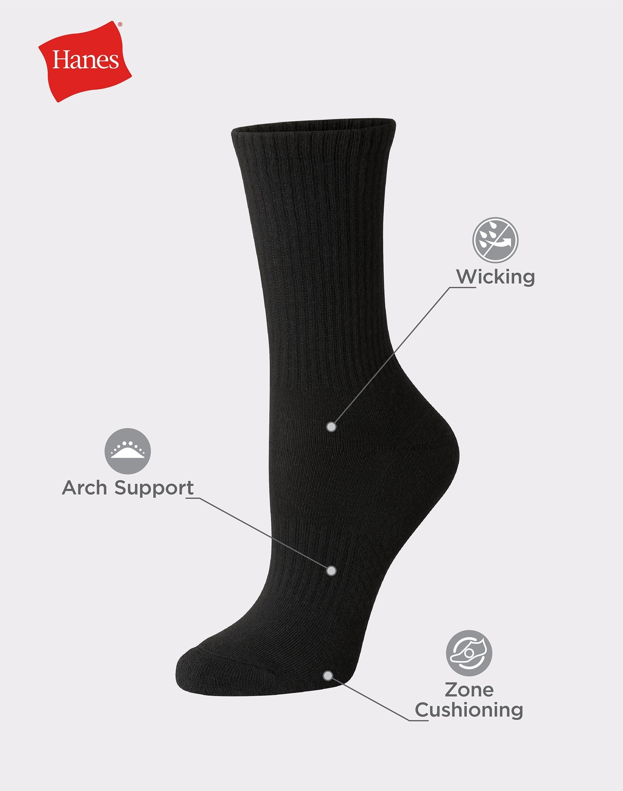 Hanes Crew Socks 6Pack Women's Premium Performance Cushioned Black