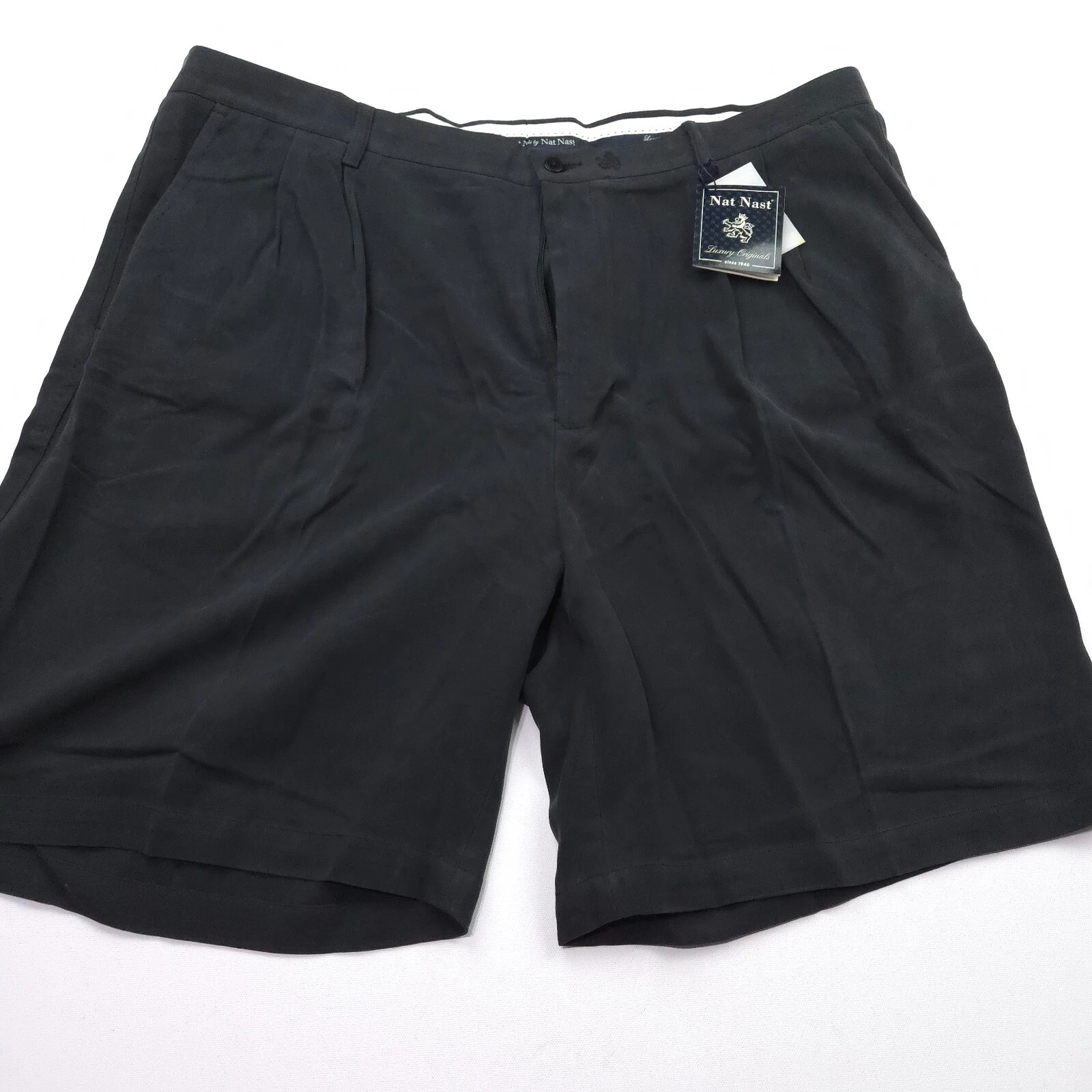 NAT NAST MENS 100% SILK TWILL SHORTS -44- BLACK SMOOTH DRESS LUXURY -9" -GOLF