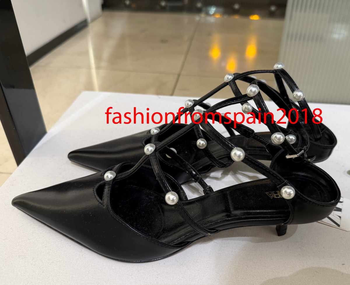 ZARA NEW WOMAN KITTEN HEEL SLINGBACK SHOES WITH FAUX PEARL STRAPS BLACK  2251/410