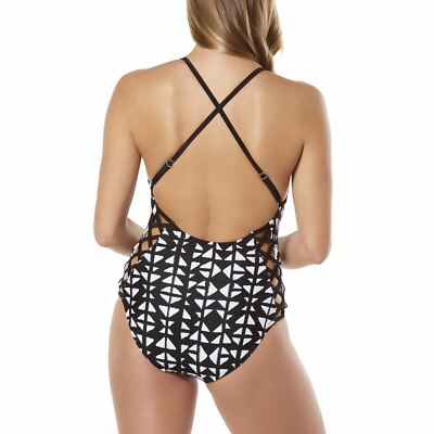 Women's Moon Gaze Strappy One-Piece Swimsuit Black/WHITE SIZE L