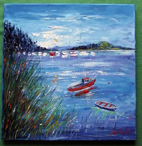 Barcos amarrados cuenca Bellanoch NUEVA PINTURA AL ÓLEO COLORISTA ESCOCESA NATALIE SOUTER - Imagen 2 de 4