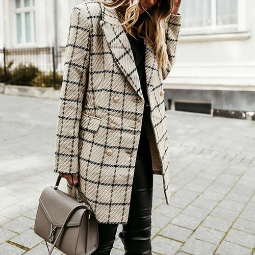 Women's Stylish Check Print Wool Blazer Coat Ladies Long Sleeve Collared Jacket - Picture 19 of 52