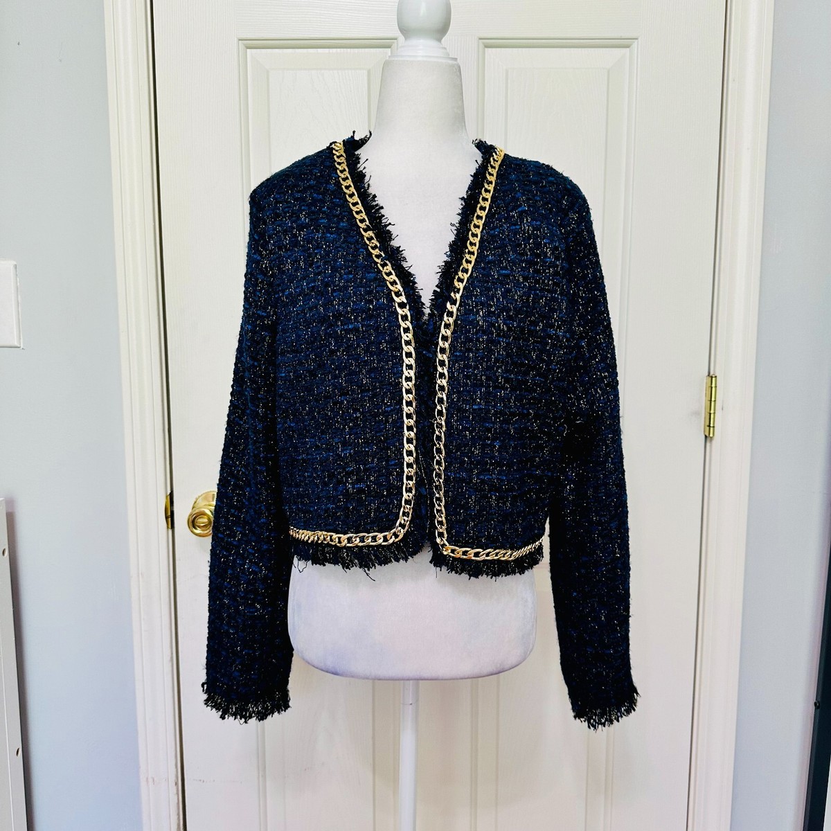 CHRISTIAN LACROIX METALLIC GOLD & NAVY TWEED CHAIN BLAZER COAT