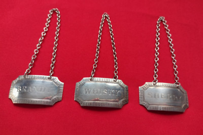 3x VINTAGE MASSIV gepunzt SILBER WHISKY BRANDY SHERRY Dekanter Etikett UK Verkäufer