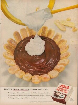1954 Jell-O Pudding Pie Filling Dessert Vintage Old Print Ad Chocolate Vanilla