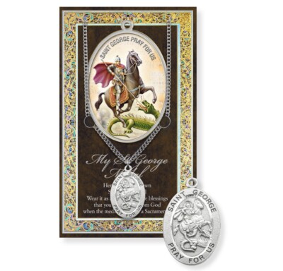 St. George Genuine Pewter Medal, 24'' Chain with Biography & Folder