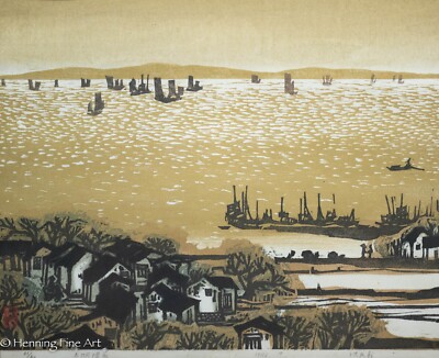 希少Painting on China お値下しました Stunning Vintage Chinese Woodblock Taihu, China Harbor by Shen Min
