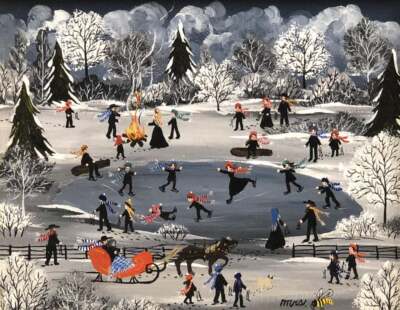 Mrs. Bee - Ice Skaters on Baker Pond (Original Oil Painting) - Signed - MINT