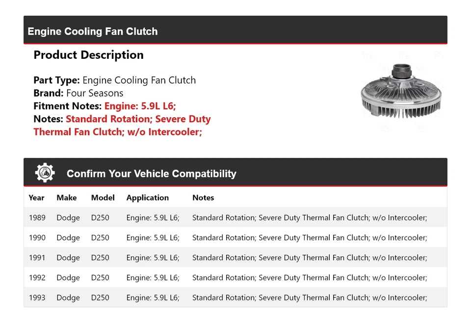 For 1989-1993 Dodge D250 5.9L L6 Engine Cooling Fan Clutch 4 Seasons 1990 1991 - Image 2 of 4