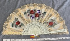 Vintage New Old Stock Spanish Hand Painted Hand Fan Folding Plastic Floral Lace