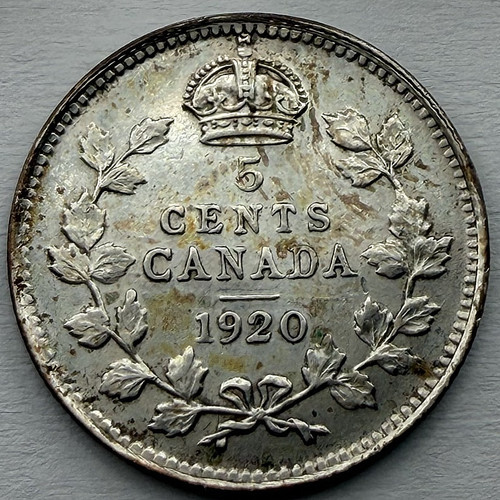 1920 Canadian Sterling Silver 5 Cent Coin Nice VF+ Nice King George