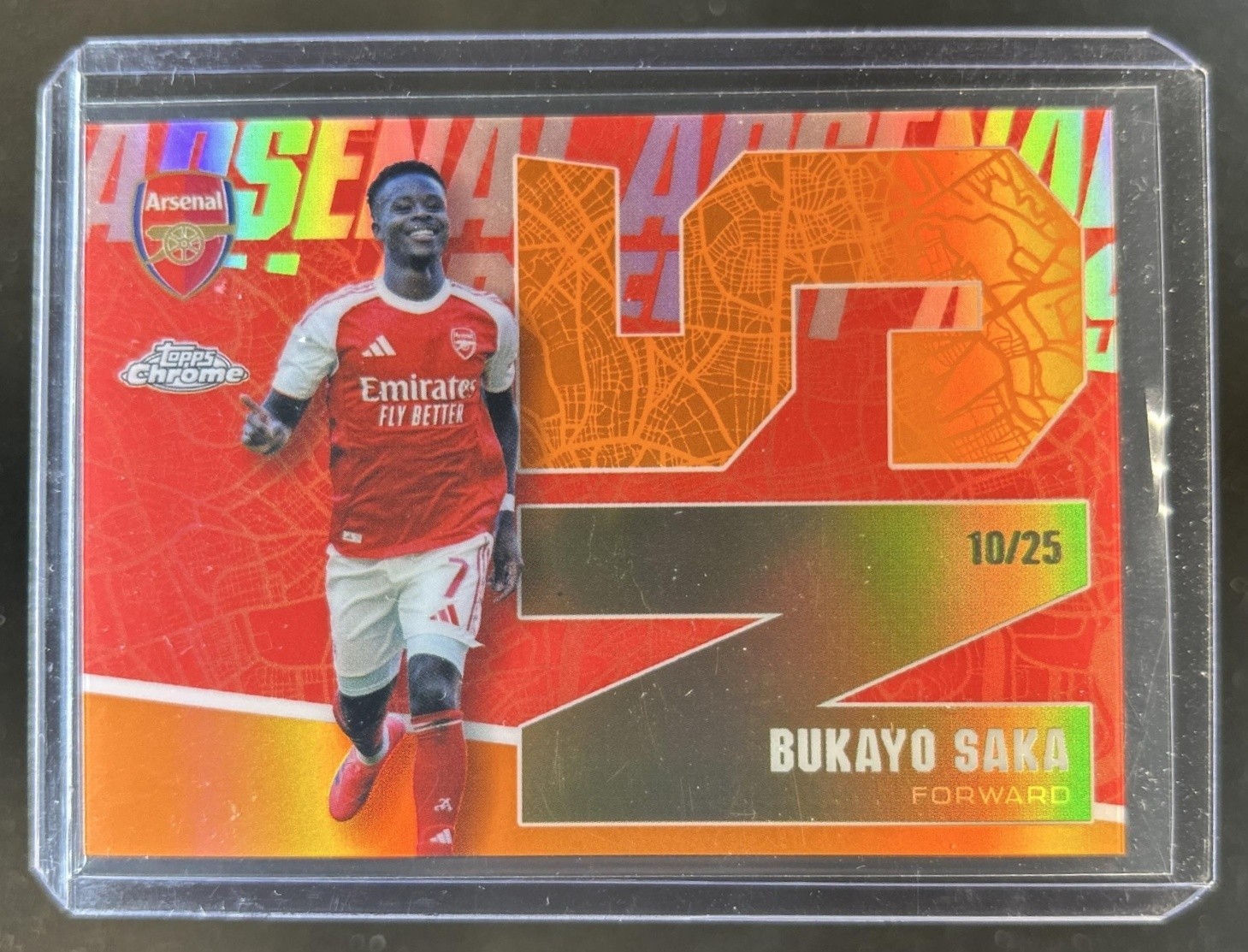 2025-26 Topps Chrome Arsenal Bukayo Saka N5 Heritage Orange Refractor #/25 view 1